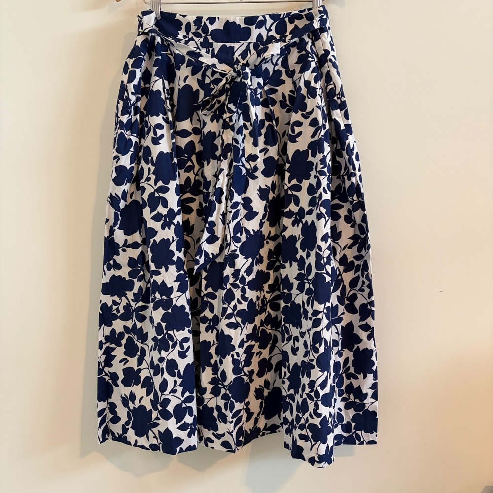 Talbots Navy Blue White Floral Cotton Midi A-Line Skirt with Belt Size 16